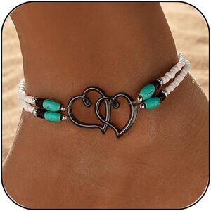 Beaded Ankle Bracelets for Women Waterproof, Boho Double Hollow Hearts Layered